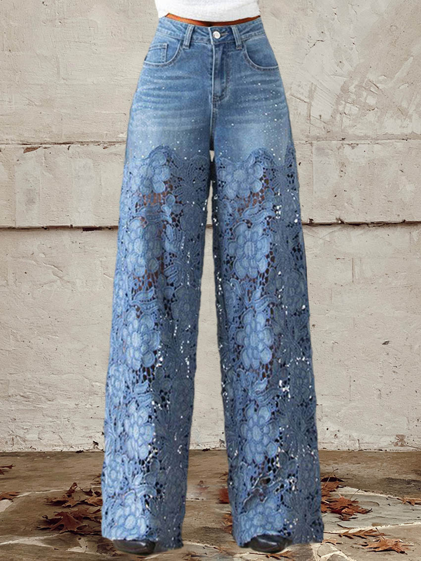 Damesjeans med blonder og patchwork og middelhøj talje, knaplukning